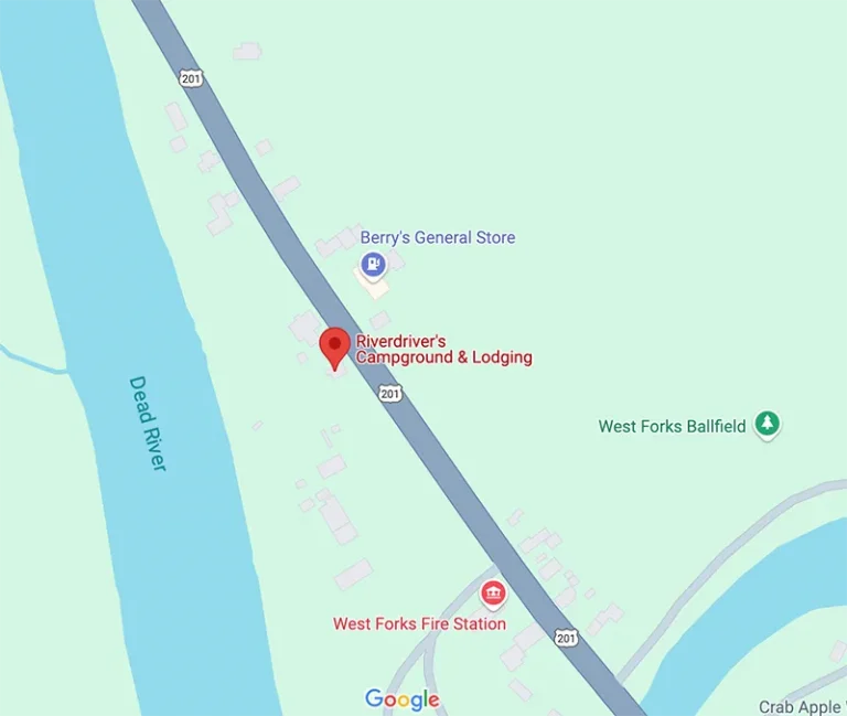 Google Map to Riverdrivers campground & lodging, west forks, Maine